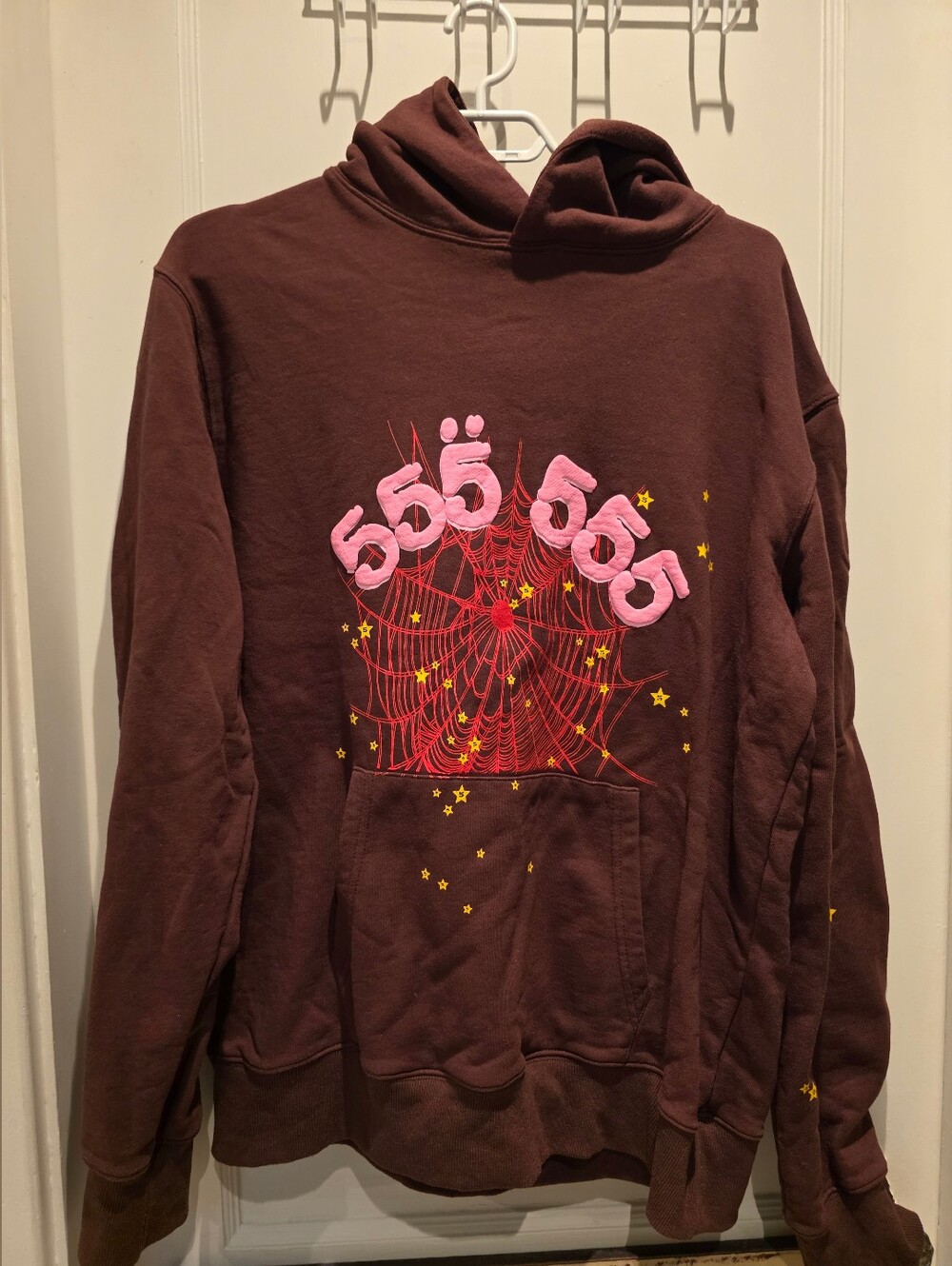 Women's Brown Cowl Hoodie Sweater with Pink 555 Graphic